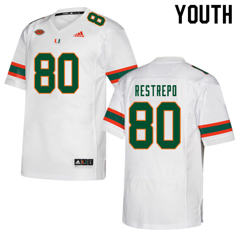 Youth #80 Xavier Restrepo Miami Hurricanes College Football Jerseys Sale-White - Click Image to Close